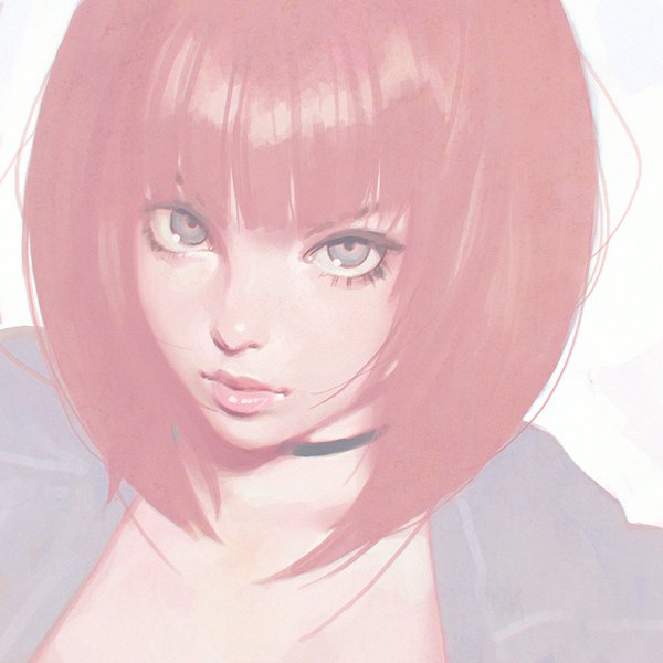 Anime picture 900x900 with original ilya kuvshinov single looking at viewer fringe short hair simple background pink hair parted lips from above lips grey eyes lipstick portrait eyeshadow pink lipstick makeup bob cut girl choker