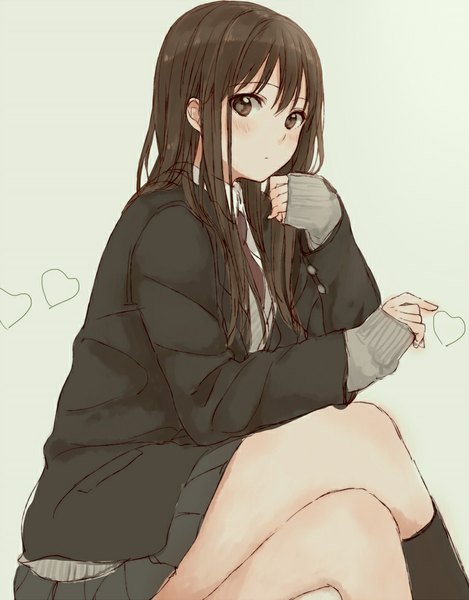 Anime picture 763x976 with original krsk single long hair tall image blush fringe brown hair sitting brown eyes pleated skirt crossed legs girl skirt uniform school uniform necktie heart sweater