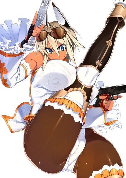 Anime picture 1446x2046 with original real xxiii's dark skinned girl 23 (real xxiii) single tall image looking at viewer short hair breasts blue eyes light erotic blonde hair simple background large breasts grey hair dark skin cameltoe muscle leg lift (legs lift) angry abs