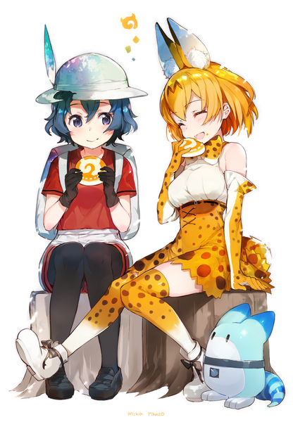 Anime picture 765x1103 with kemono friends serval (kemono friends) kaban (kemono friends) lucky beast (kemono friends) mika pikazo tall image blush short hair open mouth simple background smile white background sitting purple eyes bare shoulders multiple girls holding animal ears blue hair eyes closed