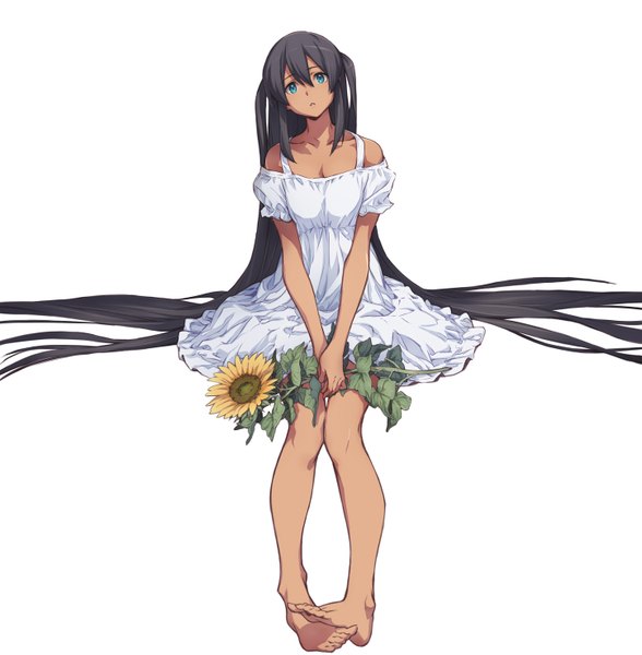 Anime picture 1445x1474 with captain earth studio bones mutou hana minato fumi single tall image blue eyes black hair simple background white background bare shoulders very long hair barefoot legs dark skin girl dress flower (flowers) sundress sunflower