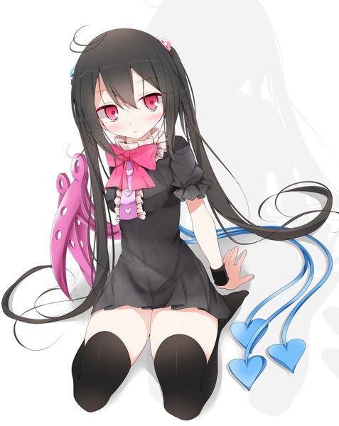 Anime picture 1373x1727 with touhou houjuu nue oouso (usotsukiya) single long hair tall image blush black hair simple background red eyes white background twintails ahoge short sleeves asymmetrical wings girl thighhighs dress bow black thighhighs