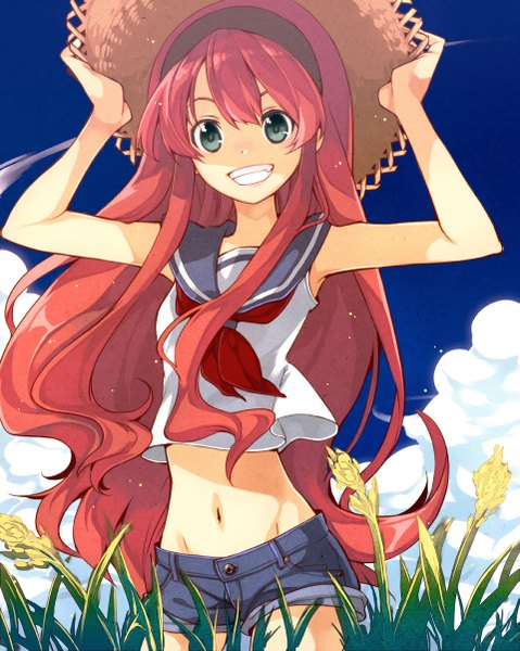 Anime picture 960x1202 with original chiko (mizuho) single long hair tall image looking at viewer blue eyes smile standing holding pink hair sky cloud (clouds) very long hair bare belly girl navel plant (plants) hat shorts