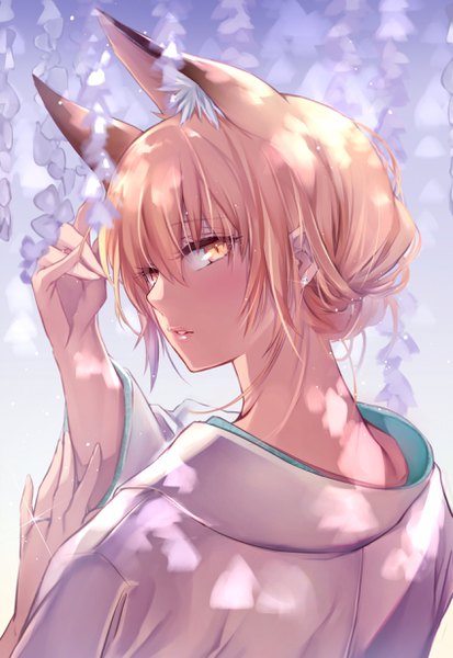 Anime picture 1698x2466 with original yukibuster single tall image looking at viewer fringe short hair blonde hair hair between eyes animal ears yellow eyes upper body traditional clothes parted lips japanese clothes looking back from behind sunlight sparkle lipstick