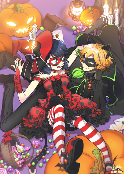 イラスト 600x840 と miraculous ladybug marinette cheng adrien agreste ladybug (character) chat noir am4ci (artist) 長身像 短い髪 おっぱい 青い目 金髪 笑顔 ツインテール 緑の目 signed 獣耳 青い髪 lying arm support おさげ