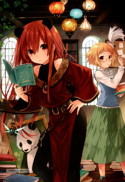 Anime picture 1768x2560 with choujigen game neptune tagme (character) shakeko (choujigen game neptune) tsunako long hair tall image looking at viewer blush fringe highres short hair blonde hair hair between eyes red eyes bare shoulders multiple girls holding animal ears red hair traditional clothes