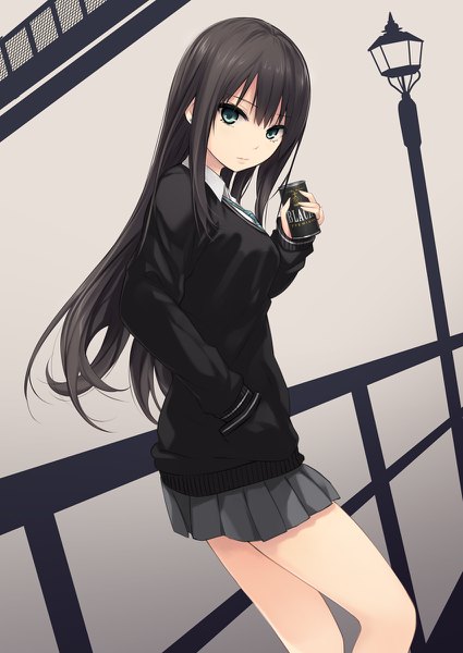 Anime picture 850x1200 with idolmaster idolmaster cinderella girls shibuya rin coffee-kizoku single long hair tall image looking at viewer fringe black hair holding bent knee (knees) pleated skirt aqua eyes hand in pocket girl skirt uniform school uniform earrings