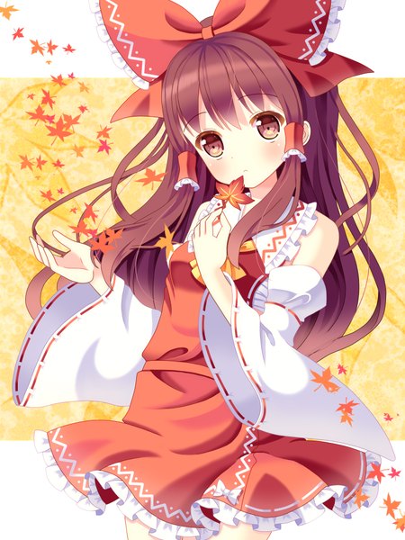 Anime picture 1500x2000 with touhou hakurei reimu hazakura satsuki single long hair tall image looking at viewer blush brown hair brown eyes traditional clothes miko girl dress bow hair bow detached sleeves leaf (leaves)