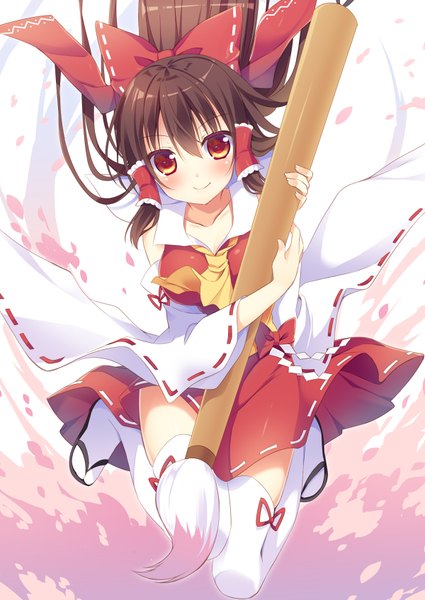 Anime picture 600x847 with touhou hakurei reimu sumisaki yuzuna single long hair tall image looking at viewer blush smile red eyes brown hair traditional clothes japanese clothes miko girl thighhighs bow hair bow detached sleeves petals