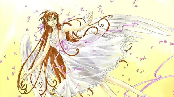 Anime picture 1280x720 with code geass sunrise (studio) clamp shirley fenette long hair wide image green eyes red hair very long hair angel wings dress petals wings feather (feathers)