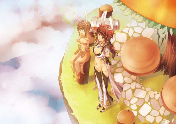 Anime picture 1414x1000 with ragnarok online mage (ragnarok online) warlock (ragnarok online) kawagoe pochi long hair open mouth blue eyes brown hair sitting multiple girls cloud (clouds) midriff bunny ears bunny girl girl thighhighs dress navel 2 girls white thighhighs