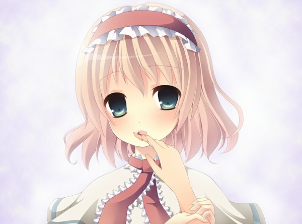 Anime picture 1000x741 with touhou alice margatroid cresc-dol single looking at viewer blush short hair simple background blonde hair white background green eyes girl hairband blood