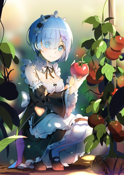 Anime picture 1414x2000 with re:zero kara hajimeru isekai seikatsu white fox rem (re:zero) lu'' single tall image blush fringe short hair blue eyes smile blue hair hair over one eye maid girl dress uniform detached sleeves headdress maid headdress