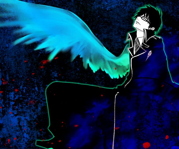 Anime picture 1200x1000 with ao no exorcist a-1 pictures okumura yukio single short hair black hair eyes closed profile glowing dark background pale skin silhouette boy wings glasses