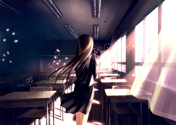 Anime picture 1200x850 with original yonasawa (artist) single long hair brown hair from behind back light classroom girl skirt uniform school uniform petals window