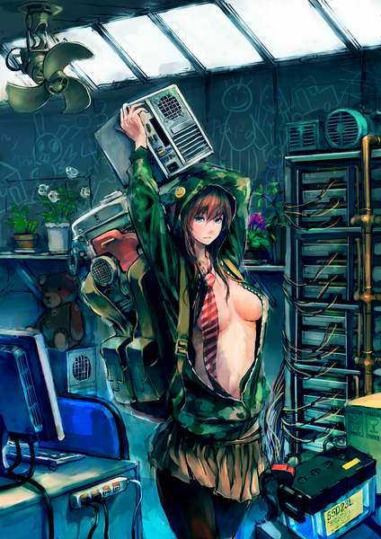 Anime picture 1013x1433 with original jittsu single long hair tall image looking at viewer breasts blue eyes light erotic brown hair open clothes girl flower (flowers) plant (plants) miniskirt necktie hood toy bag stuffed animal
