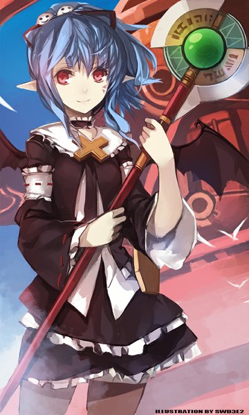 Anime picture 680x1133 with zwei ii falcom (studio) alwen du moonbria swd3e2 single tall image looking at viewer short hair smile red eyes blue hair pointy ears girl dress hair ornament wings staff