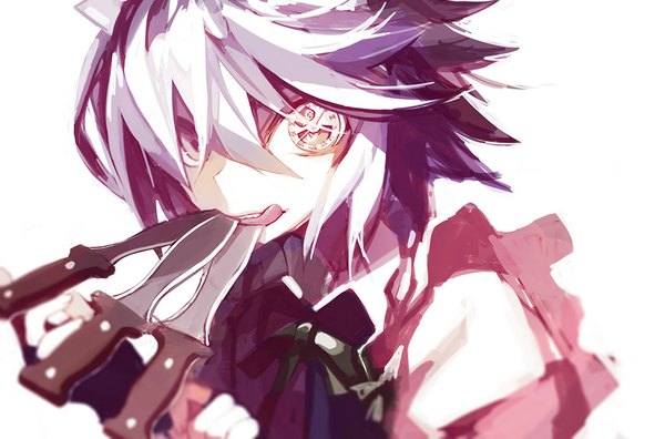 Anime picture 1000x660 with touhou izayoi sakuya megusuri single looking at viewer short hair simple background white background holding silver hair maid grey eyes mouth hold girl uniform tongue knife