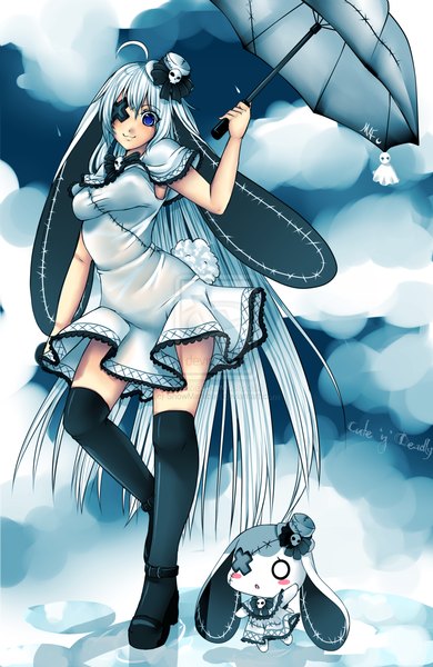 Anime picture 1024x1573 with original teru (character) snowmishibari single tall image fringe blue eyes hair between eyes holding signed animal ears full body ahoge bent knee (knees) white hair tail very long hair animal tail inscription high heels