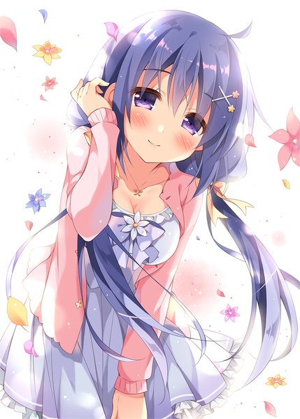 Anime picture 649x907 with original pan (mimi) single long hair tall image looking at viewer blush fringe breasts light erotic simple background smile hair between eyes large breasts standing white background purple eyes twintails purple hair ahoge