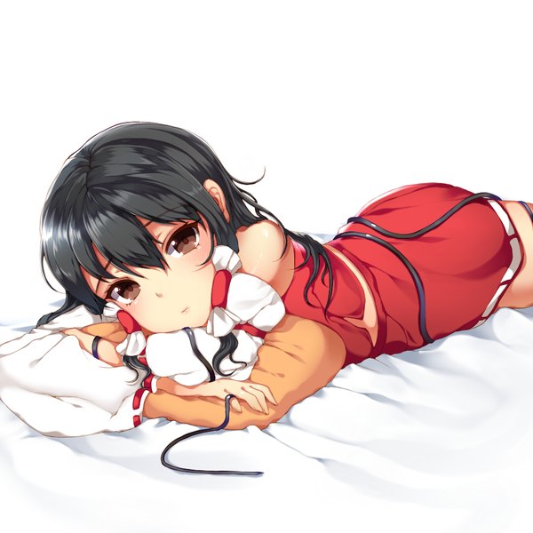 Anime picture 1000x1000 with touhou hakurei reimu papo single long hair looking at viewer fringe black hair simple background white background twintails bare shoulders brown eyes lying long sleeves wide sleeves girl skirt ribbon (ribbons) detached sleeves
