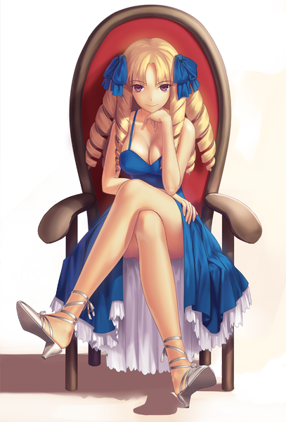 Anime picture 815x1200 with fate (series) fate/hollow ataraxia type-moon luvia zeritta edelfelt tsukikanade long hair tall image looking at viewer breasts blonde hair red eyes sitting crossed legs drill hair transparent background girl dress bow hair bow