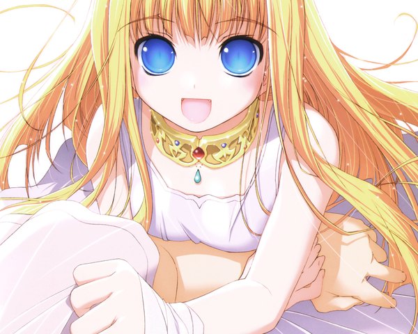 Anime picture 1920x1536 with dragon crisis! rose (dragon crisis) long hair highres open mouth blue eyes simple background blonde hair smile white background loli girl dress white dress jewelry hand