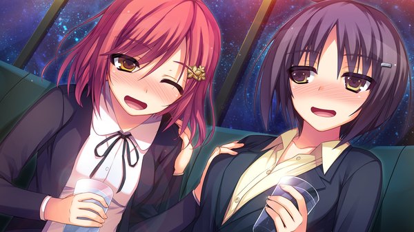 Anime picture 2560x1440 with reminiscence re katagiri aika honjou shizuno tomose shunsaku blush highres short hair open mouth black hair wide image multiple girls brown eyes game cg red hair one eye closed wink laughing girl 2 girls glass