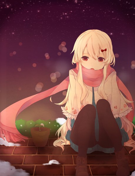 Anime picture 1700x2220 with kagerou project shaft (studio) mary (kagerou project) komachi pochi single long hair tall image blush fringe open mouth blonde hair red eyes sitting looking down girl bow plant (plants) hair bow pantyhose shoes