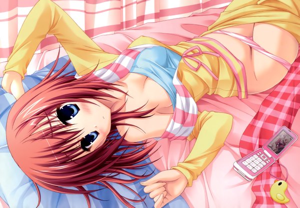 Anime picture 5013x3475 with kisaragi gold star (game) saga planets (studio) moribe (rabumanyo) single looking at viewer blush highres short hair breasts blue eyes light erotic absurdres cleavage red hair lying panty pull girl underwear panties pillow