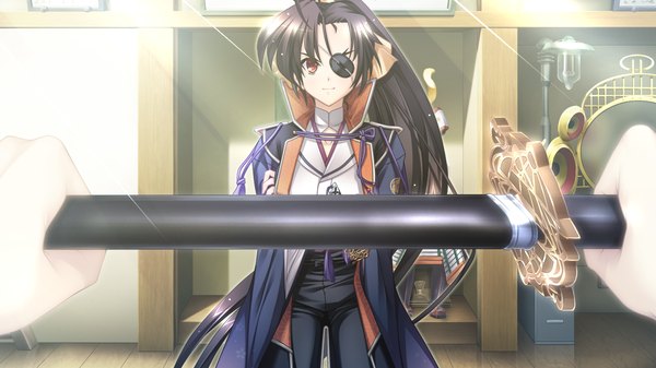 Anime picture 1280x720 with appare! tenka gomen katagiri hinata long hair black hair red eyes wide image game cg ponytail traditional clothes girl weapon sword katana eyepatch