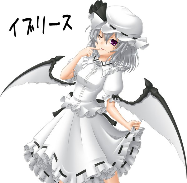 Anime picture 1156x1132 with touhou remilia scarlet single short hair purple eyes silver hair one eye closed wink finger to mouth bat wings girl dress skirt wings white dress bonnet skirt set