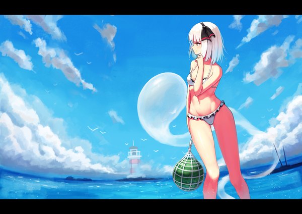 Anime picture 3508x2480 with touhou konpaku youmu myon yao ren gui single blush highres short hair breasts light erotic smile red eyes looking away absurdres sky cloud (clouds) outdoors white hair profile letterboxed