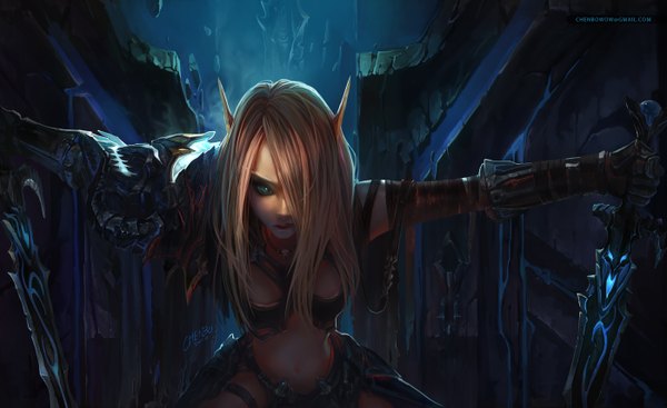Anime picture 1400x857 with world of warcraft warcraft blizzard entertainment blood elf valeera sanguinar chenbo single long hair fringe blonde hair wide image holding green eyes pointy ears hair over one eye realistic midriff light elf dual wielding