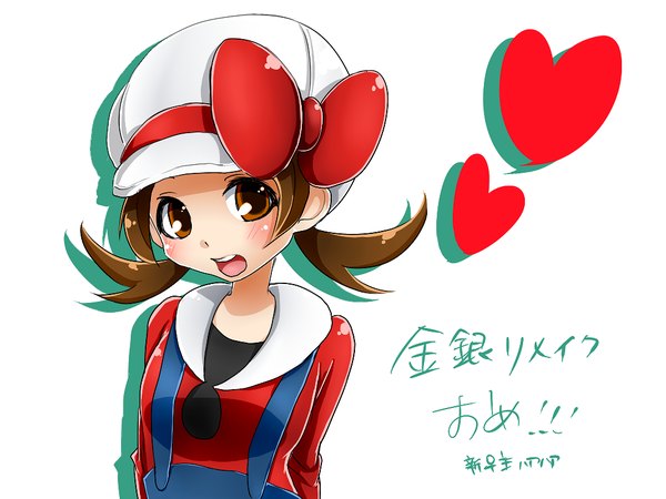 Anime picture 1024x768 with pokemon pokemon heartgold and soulsilver nintendo lyra (pokemon) single blush smile brown hair twintails brown eyes short twintails ribbon (ribbons) hat heart overalls cabbie hat ito tani