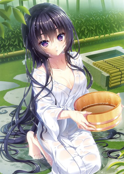 Anime picture 2489x3500 with original suzushiro atsushi single tall image looking at viewer blush highres light erotic black hair purple eyes absurdres very long hair traditional clothes japanese clothes scan official art wet clothes girl water kimono