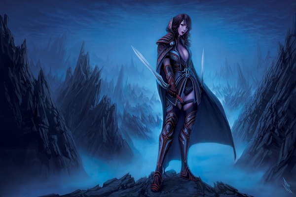 Anime picture 1020x680 with warrenlouw single long hair looking at viewer black hair black eyes night mountain girl weapon sword boots