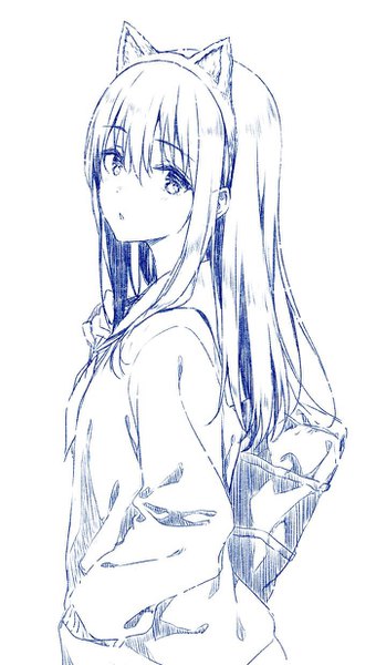 Anime picture 700x1232 with koe no katachi kyoto animation ueno naoka hiten (hitenkei) single long hair tall image looking at viewer fringe breasts simple background hair between eyes white background animal ears upper body long sleeves parted lips cat ears monochrome fake animal ears