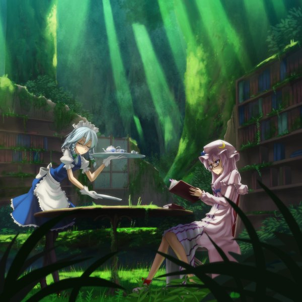 Anime picture 1600x1600 with touhou izayoi sakuya patchouli knowledge purple eyes multiple girls purple hair silver hair indoors braid (braids) maid twin braids ruins destruction girl dress ribbon (ribbons) 2 girls hat tree (trees) glasses