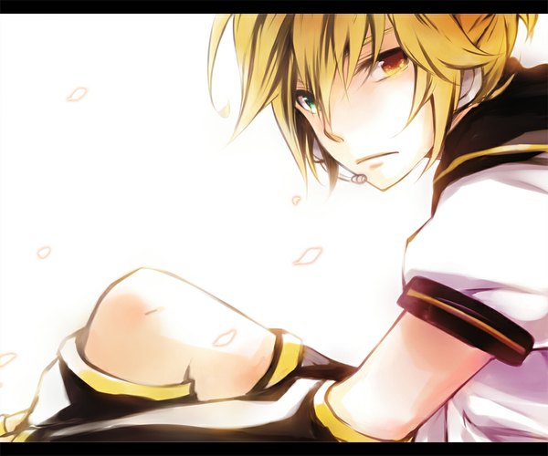 Anime picture 1000x834 with vocaloid kagamine len mukkun single looking at viewer blush short hair simple background blonde hair white background sitting wind heterochromia boy detached sleeves petals headphones microphone