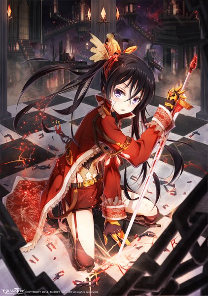 Anime picture 720x1024 with granatha eternal bae.c single long hair tall image looking at viewer blush fringe open mouth black hair purple eyes twintails holding bent knee (knees) kneeling magic checkered floor floor glowing weapon girl