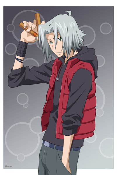 Anime picture 2000x2993 with katekyou hitman reborn gokudera hayato morrow single tall image looking at viewer highres short hair simple background holding green eyes grey hair vector hand in pocket boy bracelet hood vest hoodie explosives