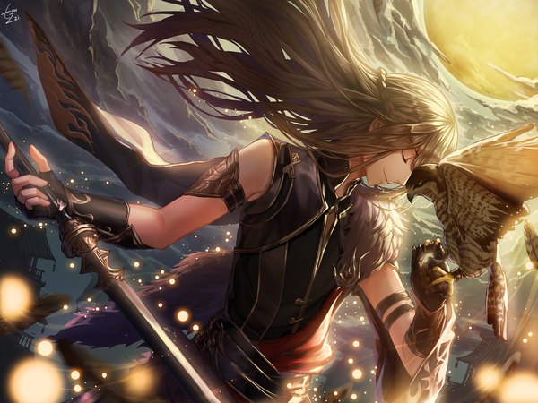 Anime picture 1600x1200 with moonlight blade tanzzi single long hair smile brown hair sitting signed cloud (clouds) profile wind night dutch angle sleeveless face to face bird on hand boy gloves weapon animal