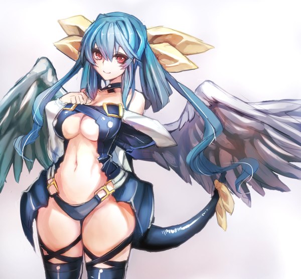 Anime picture 1297x1200 with guilty gear dizzy (guilty gear) taishi (picchiridou) single long hair looking at viewer breasts light erotic simple background smile red eyes large breasts twintails blue hair cleavage tail girl thighhighs navel bow