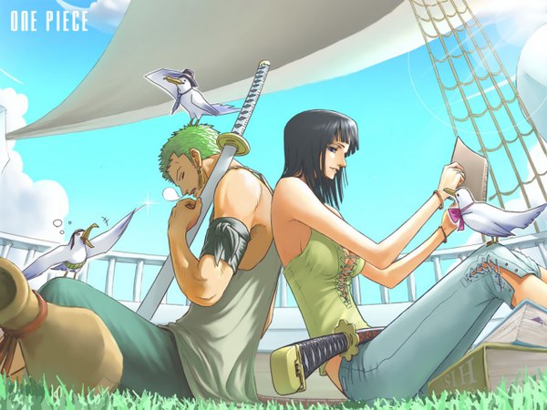 Anime picture 1280x960 with one piece toei animation nico robin roronoa zoro dugan long hair short hair open mouth blue eyes black hair sitting bare shoulders holding sky cloud (clouds) eyes closed profile green hair inscription couple
