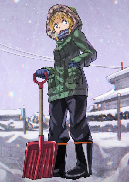 Anime picture 724x1023 with original rano single tall image short hair open mouth blue eyes blonde hair standing looking away sky snowing winter snow exhalation hand in pocket anaglyph girl gloves jacket