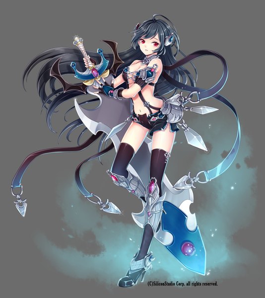 Anime picture 890x1000 with original millgua single long hair tall image looking at viewer black hair simple background red eyes grey background girl thighhighs hair ornament weapon black thighhighs sword