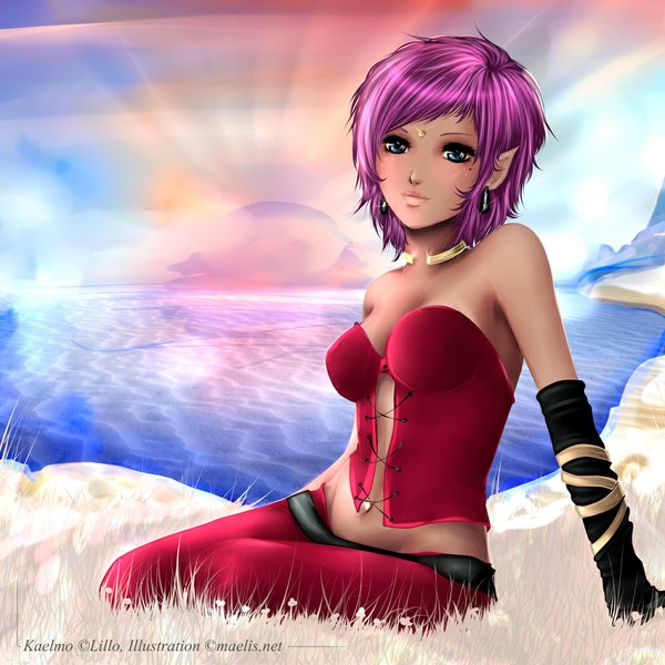 Anime picture 1000x1000 with original m-aelis single short hair breasts blue eyes bare shoulders pink hair lips pointy ears mole mole under eye dark skin borrowed character girl navel earrings water clothes