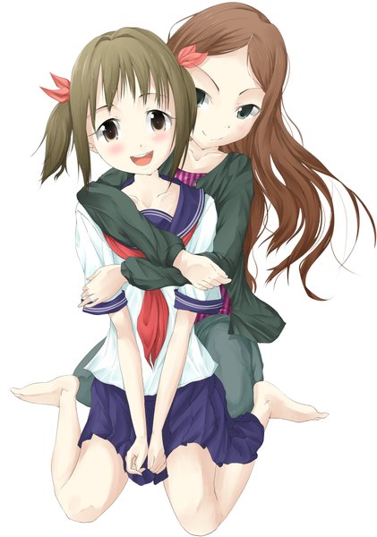 Anime picture 2807x3996 with solru (tyappygain) long hair tall image blush highres short hair open mouth simple background smile brown hair white background multiple girls brown eyes green eyes girl 2 girls serafuku