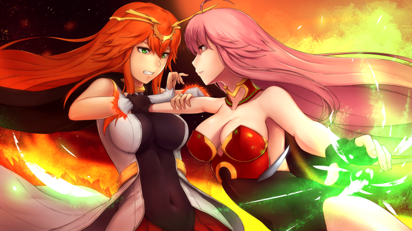 Anime picture 1152x648 with original thousand characters project (hananon) mai (thousand characters project) valeria (thousand characters project) hananon long hair fringe breasts red eyes wide image large breasts multiple girls green eyes pink hair orange hair magic face to face girl gloves navel